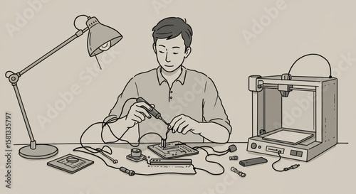 Conceptual illustration of a male engineer at a workbench, meticulously soldering a circuit board for a technology project with a 3D printer.