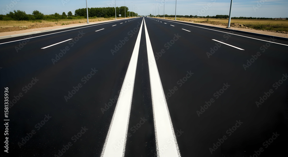 Naklejka premium Perspective View of a Straight Asphalt Road with Fresh White Markings Stretching to Horizon