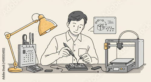 Male technician developing a prototype, soldering an electronic circuit board at a workbench with a 3D printer and tools.
