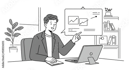 Monochrome line drawing of a businessman at a desk presenting data analysis and growth charts on a board during a virtual meeting.