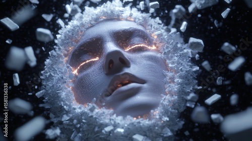 Human face dissolving into digital fragments with surreal effects