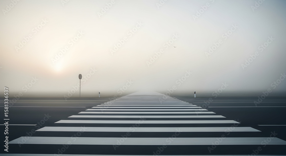 Obraz premium Solitude Crossing Misty Horizon Zebra Stripes Lead To The Unknown Foggy Pathway