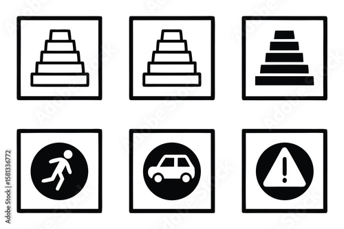 Set of six simple black and white icons representing stairs pedestrian crossing car and warning sign