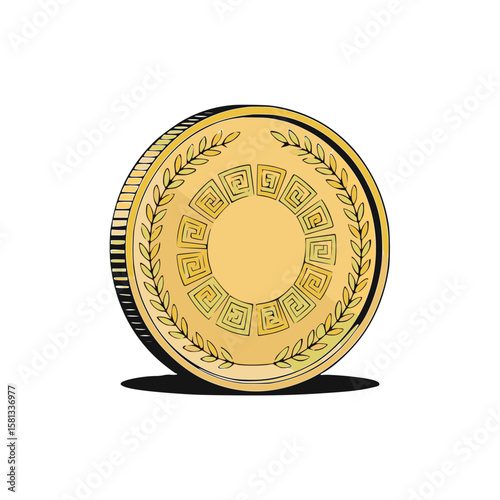 Stylized gold coin design with decorative elements and Greek pattern, single object, copy space