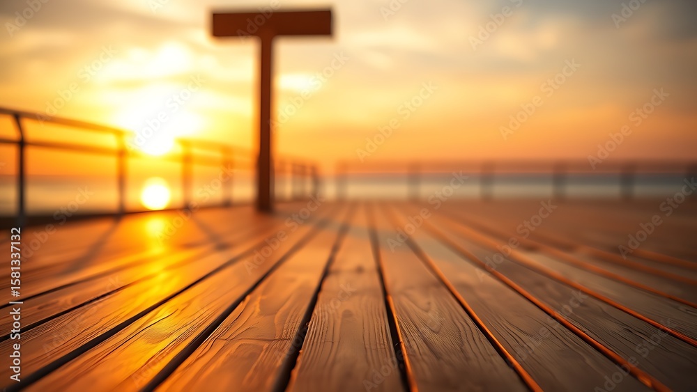 Naklejka premium A wooden deck stretches toward the horizon, bathed in warm sunset light with a soft glow.