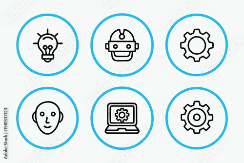 Set of six icons representing technology innovation and human interaction