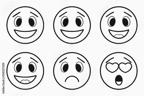 Collection of six simple black and white cartoon emoji faces showing different emotions