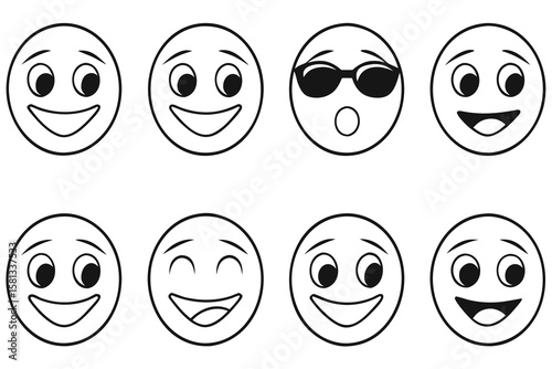 Collection of eight cartoon smiley face emoticons with different expressions on white background