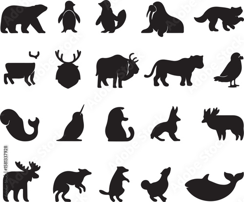 Arctic animals and birds silhouettes polar bear penguin