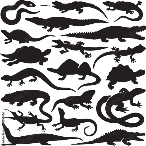 Black reptile silhouettes snake alligator
