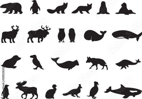 Diverse arctic and marine animal silhouettes polar bear penguin