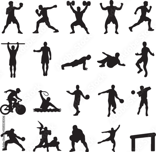 Diverse athletic silhouettes demonstrating various sports and exercises boxing weightlifting