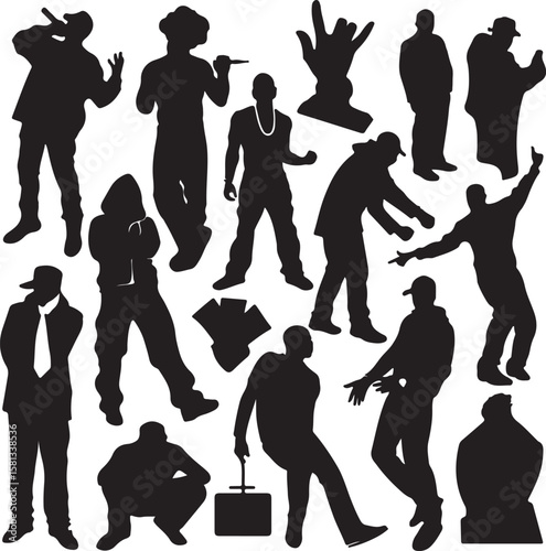 Diverse male figures in dynamic poses silhouette dancing