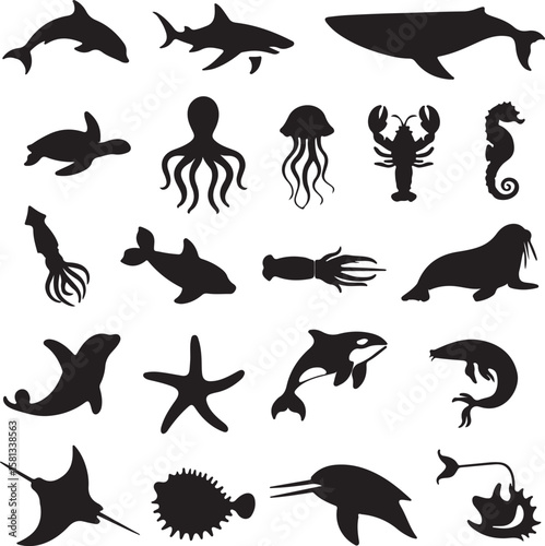 Diverse marine life silhouettes dolphin shark