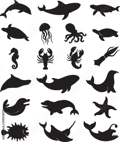 Diverse marine life silhouettes dolphin whale