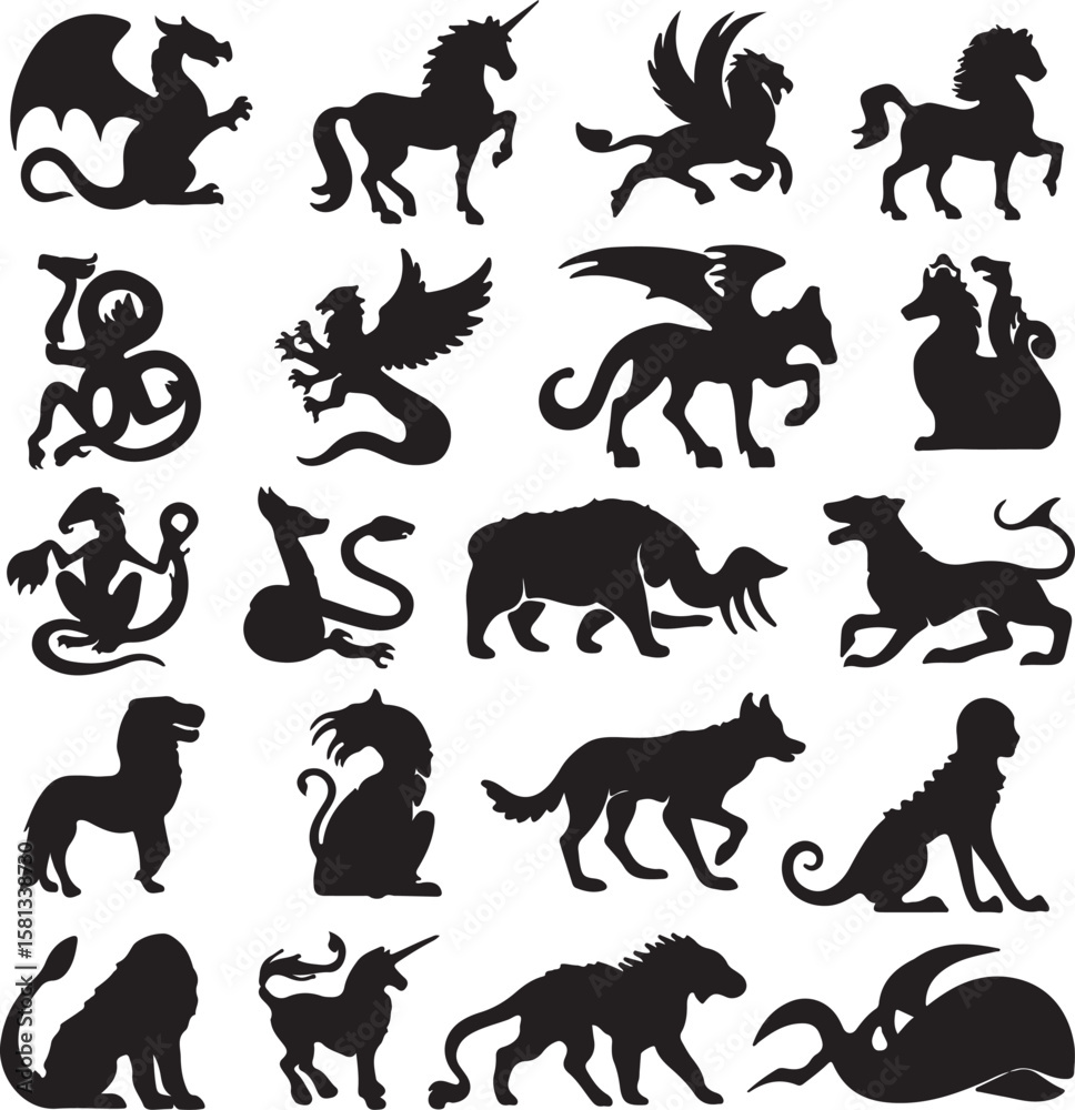 Obraz premium Mythical Creatures Fantasy Animals Collection dragon unicorn