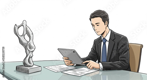 Focused businessman in a suit analyzing data on a digital tablet at an office desk. Vector illustration of a professional at work.