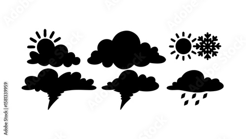 Weather Silhouette Icons PNG – Transparent Sun, Rain, Cloud, Snow, Wind Symbols