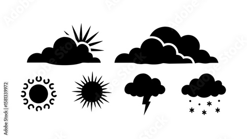 Weather Silhouette Icons PNG – Transparent Sun, Rain, Cloud, Snow, Wind Symbols