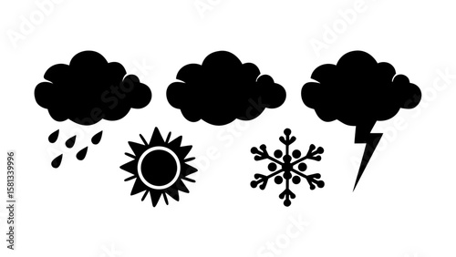 Weather Silhouette Icons PNG – Transparent Sun, Rain, Cloud, Snow, Wind Symbols
