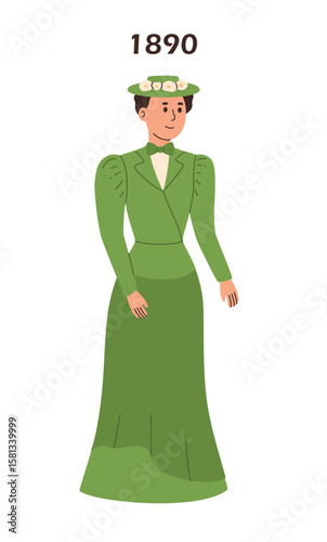 Women's fashion 1890s. Woman in green dress and hat. Flat vector illustration.