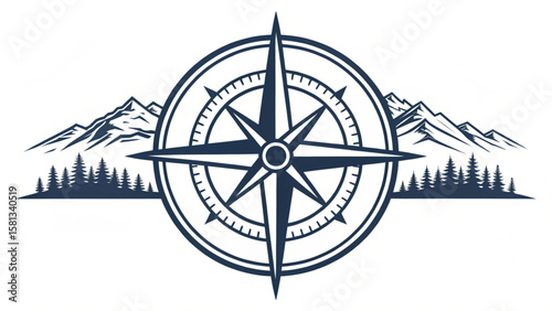 Illustration of a compass rose with mountains and trees in the background creating a nature themed design