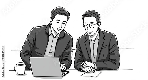 Two professional colleagues discussing a project on a laptop. A black and white line art illustration of teamwork and partnership in a business meeting.