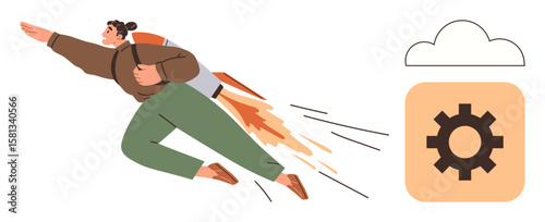 Person flying with jetpack toward a gear icon in a cloud symbolizing ambition, progress, technology, innovation. Ideal for success, growth, creativity, goal setting, futuristic business trends