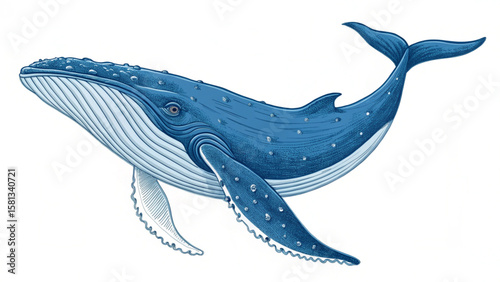 Illustration of a blue whale with detailed skin texture and visible fins and tail on white background