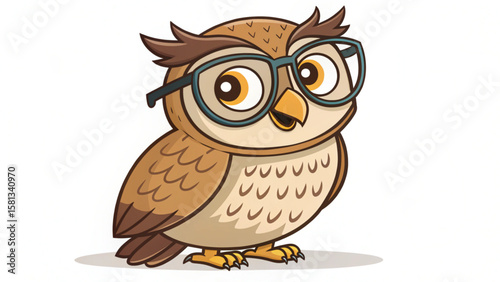 Cartoon owl with glasses standing and looking forward with a curious expression on its face nicely drawn