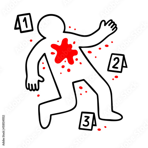 Crime Scene Outline with Blood Stain, Evidence Markers. Forensic Depicting Homicide Investigation, Murder Case, Police Procedure in Criminal Justice, Law Enforcement 