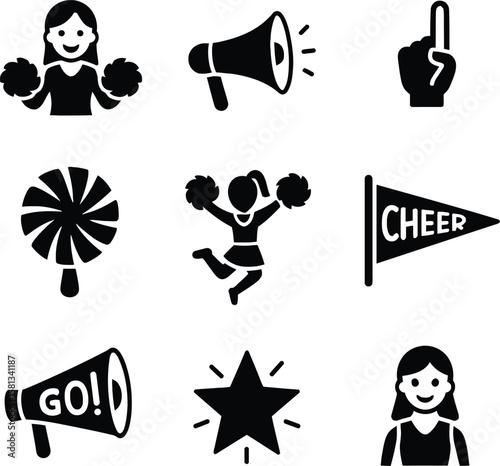 Cheerleading, cheering, pompoms, flag, megaphone, athlete, star, sport performance icon set editable vector illustration 