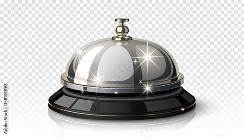 A shiny silver service bell with a black base sitting on a reflective surface against a checkered background