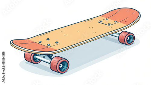 Illustration of a skateboard with an orange deck and red wheels casting a shadow on a white background