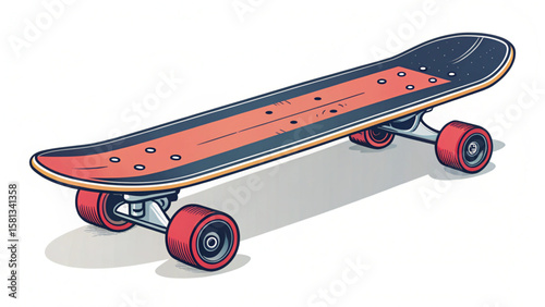 Illustration of a skateboard with a red deck and black grip tape sitting on a white surface casting a shadow