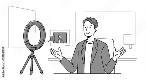 Young male vlogger recording a video blog with a camera on a tripod and a ring light. Line art illustration of a content creator.