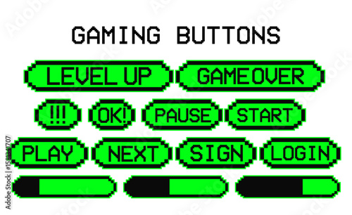 Gaming Buttons UI Vector Set — Pixel Level Up, Start, Pause, Login Icons

