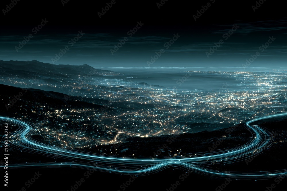 Fototapeta premium Cityscape illustration with smart streetlights and digital paths. Energy efficiency. The rise of smart street lighting in modern urban planning. Future trends. Digital infrastructure.