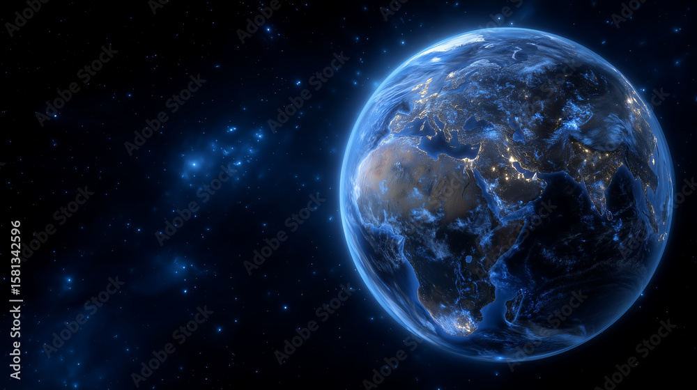 Obraz premium Blue planet Earth glowing in outer space, darkness of the universe around, showcasing environmental awareness and planetary scale Earth in space, outer space backdrop, blue planet,