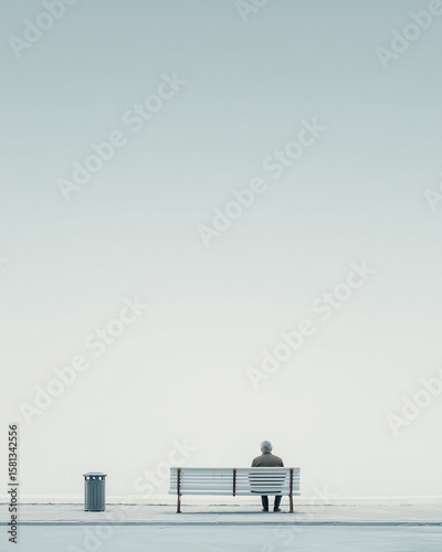 Man sitting on a bench in a minimalist setting contemplating life