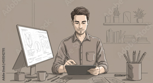 Creative professional designer working on a digital tablet in a home office. Young man illustrating or sketching at his desk.