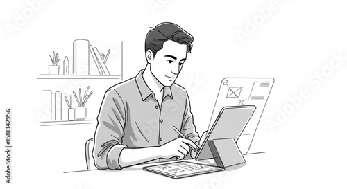 Line art illustration of a professional architect or engineer drawing on a digital tablet with a stylus in an office setting.