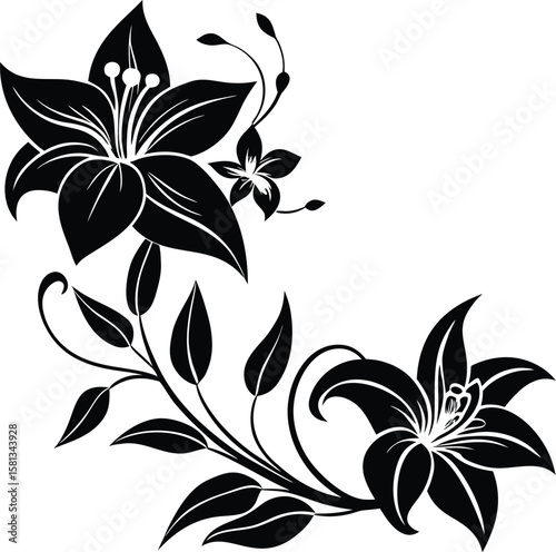 Corner Floral Silhouette With Lily Flowers And Cur