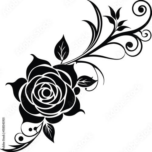 Corner Floral Swirl With Blooming Rose