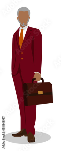 Faceless Indian middle aged with grey hair, beard. Dressed in formal suit, holding a briefcase. The confident posture and modern appearance make him suitable as a banker, businessman, or entrepreneur.