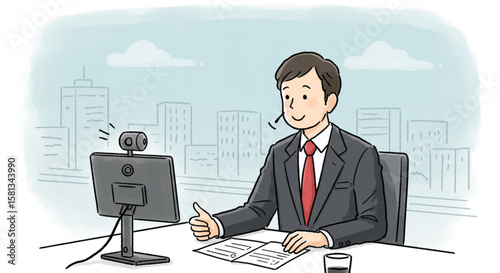 Businessman in a suit having a video conference call in an office with a city view. Professional remote work communication concept illustration.