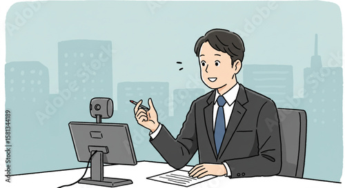 A male professional in formal attire engaging in a teleconference, sitting at a desk with a cityscape background illustration.
