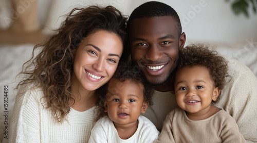 Happy multiracial family at home, parents playing with children on floor, modern bright living room, real-life moment