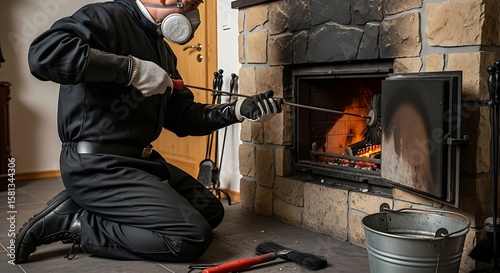 Worker Sweeping Chimney from Fireplace Inside

