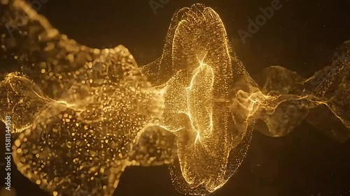 Abstract golden particles flowing and swirling in a dark background, creating a luxurious and elegant visual effect ideal for presentations or motion graphics projects needing a touch of opulence.